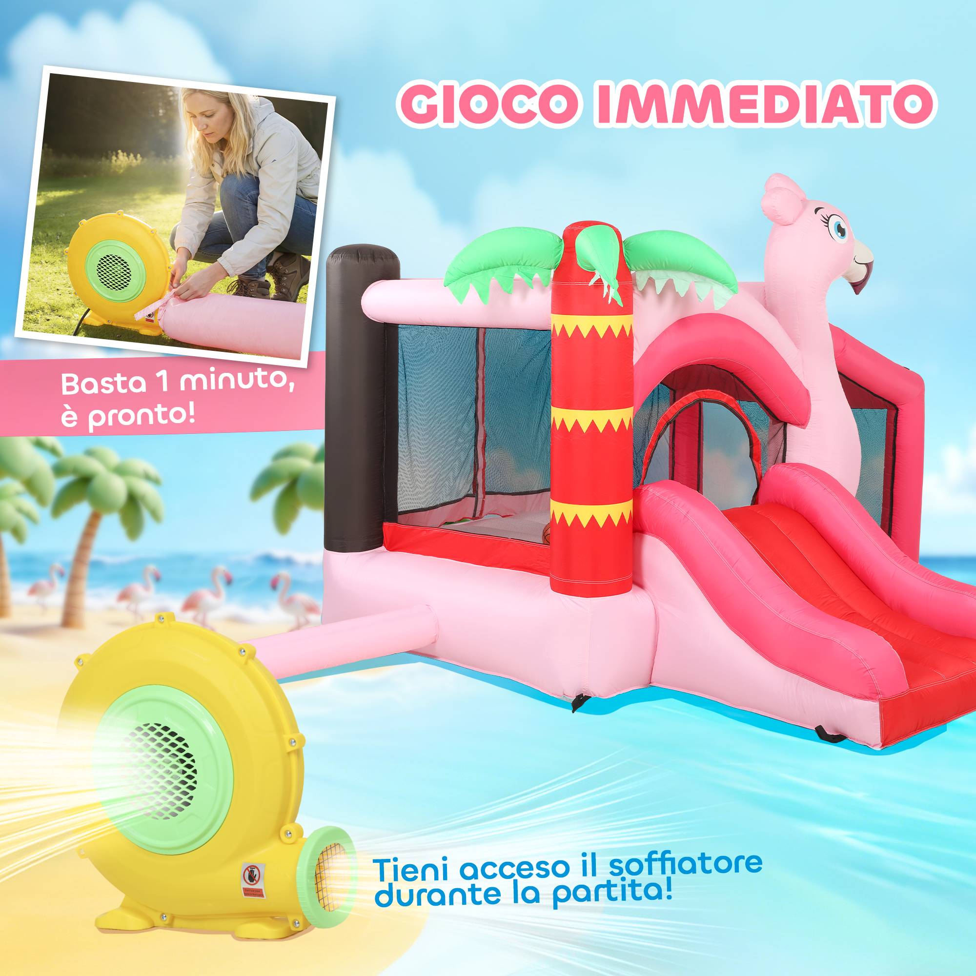 Château gonflable pour enfants avec toboggan, trampoline, piscine à balles et panier de basket, 255 x 230 x 196 cm, rose - Image 8