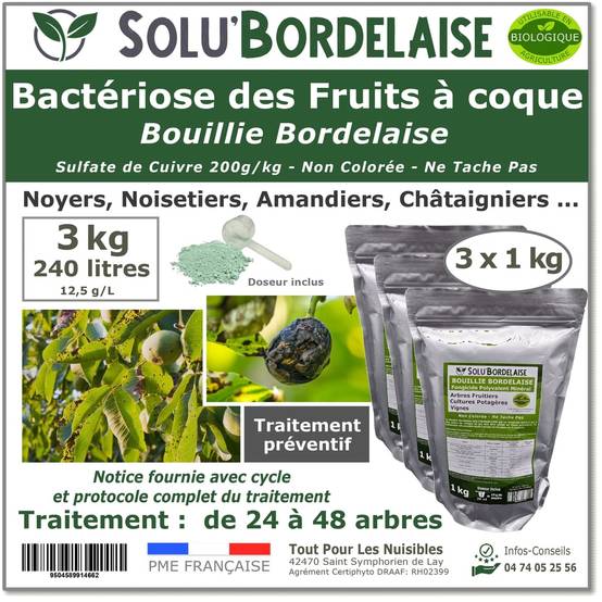 Solu'Bordelaise - 3 kg de Bouillie Bordelaise - Bactériose des Fruits à coque - Utilisable Agriculture Biologique - 3 Sachets Refermable de 1 kg - Image 1