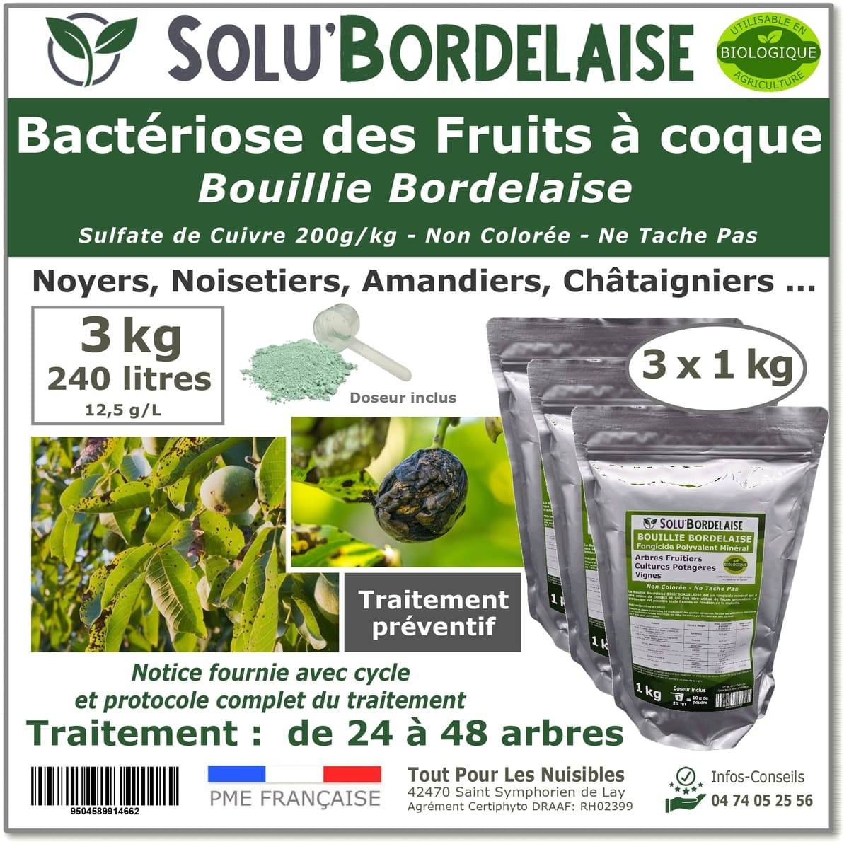 Solu'Bordelaise - 3 kg de Bouillie Bordelaise - Bactériose des Fruits à coque  - Utilisable Agriculture Biologique - 3 Sachets Refermable de 1 kg - Image 1