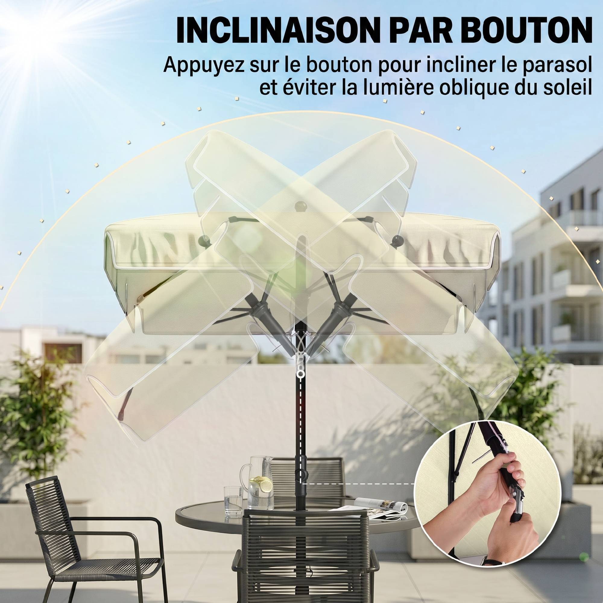 Parasol droit rectangulaire inclinable alu métal polyester haute densité 2 x 1,3 m beige clair - Image 8