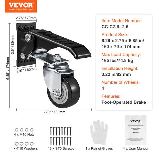 VEVOR Roulettes d'Établi Pivotantes 4 Roues Rétractables Robustes Charge 74,8 kg - Image 7