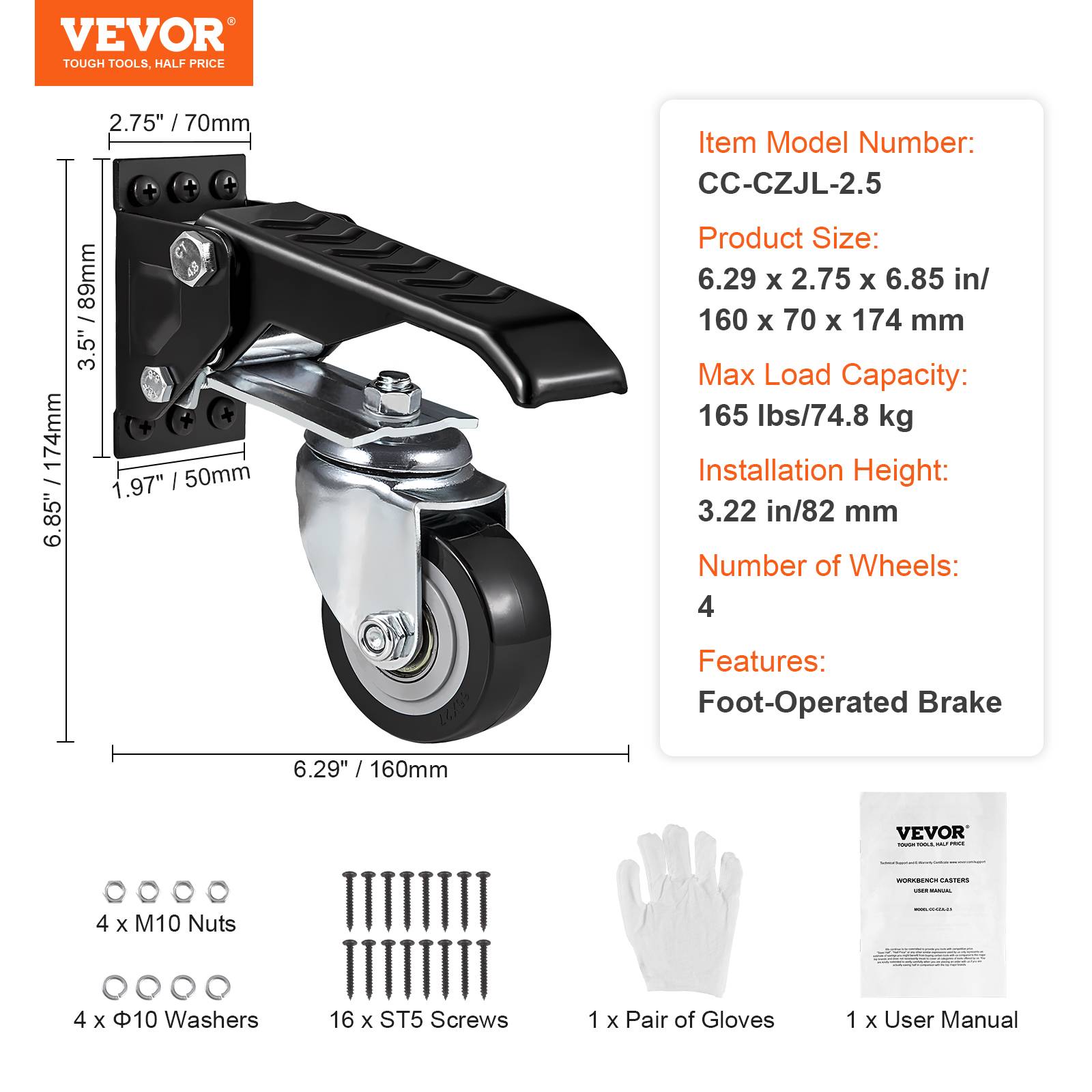 VEVOR Roulettes d'Établi Pivotantes 4 Roues Rétractables Robustes Charge 74,8 kg - Image 7