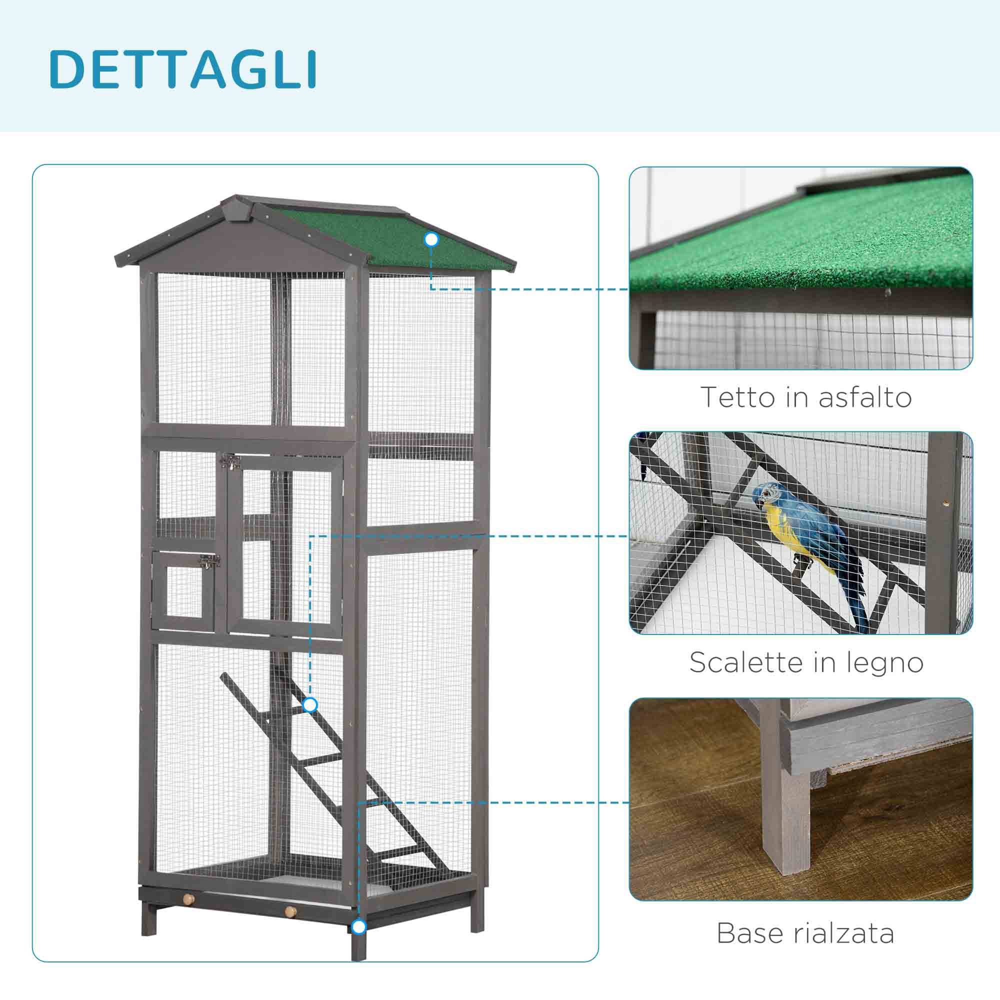 Cage pour oiseaux haute 165 cm en bois d'extérieur avec 2 portes et bac amovible, gris clair - Image 9
