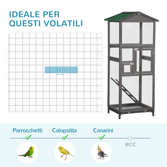 Cage pour oiseaux haute 165 cm en bois d'extérieur avec 2 portes et bac amovible, gris clair - Image 8