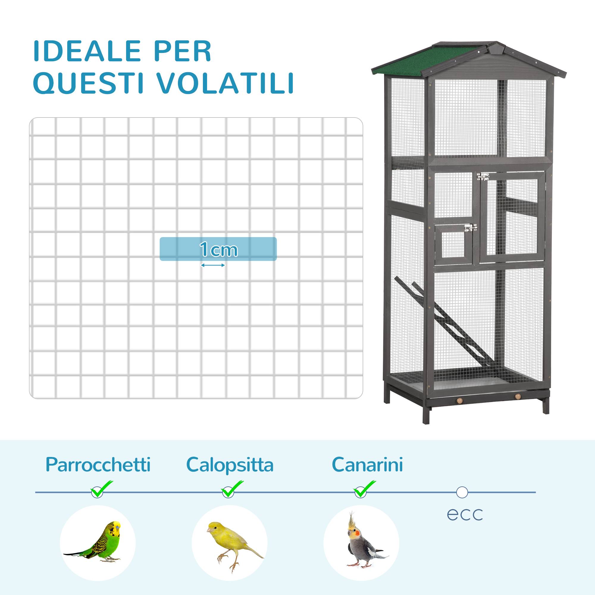Cage pour oiseaux haute 165 cm en bois d'extérieur avec 2 portes et bac amovible, gris clair - Image 8