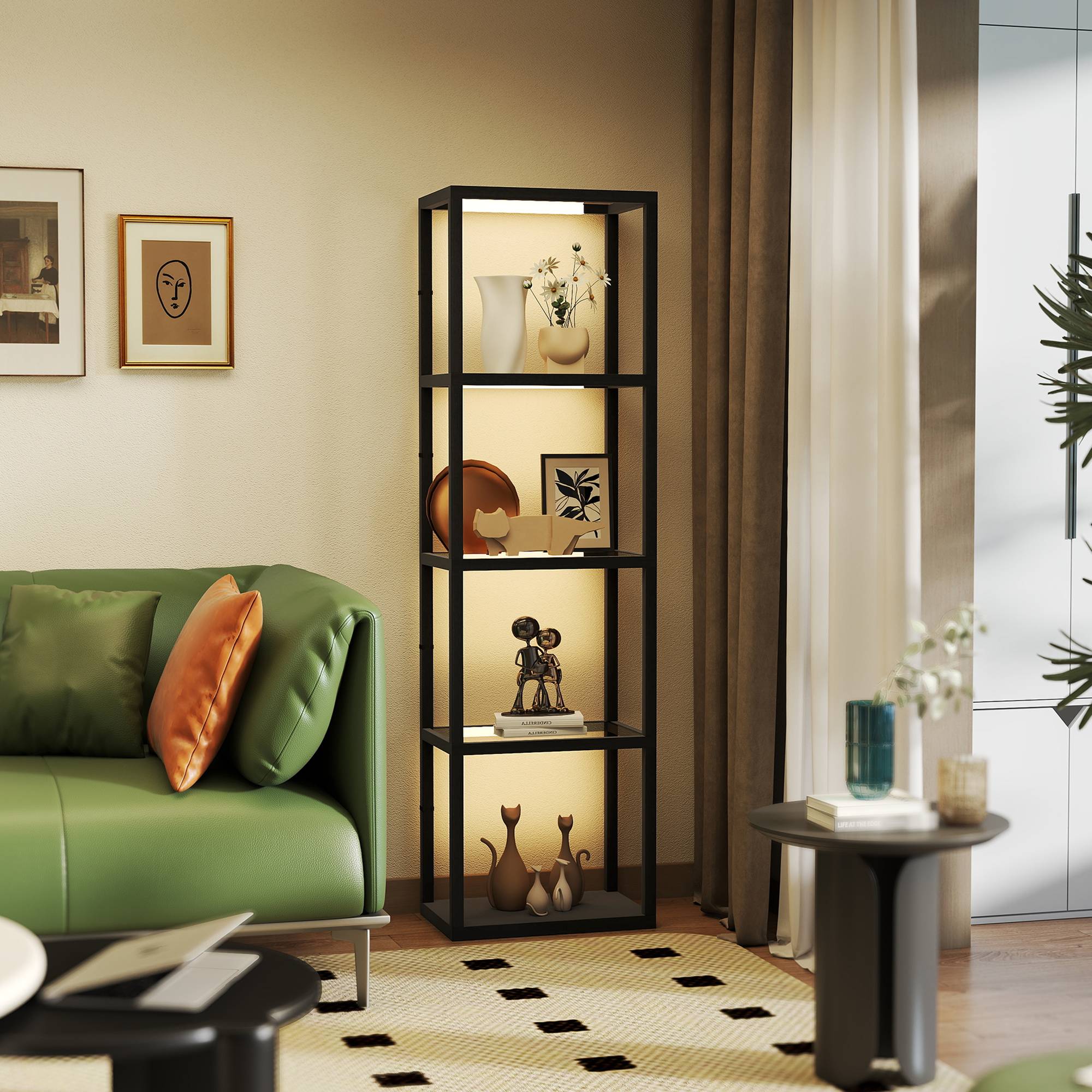 Lampadaire LED avec étagère à 4 niveaux, étagère éclairée avec 4 compartiments en verre, interrupteur au pied, MDF, noir - Image 1