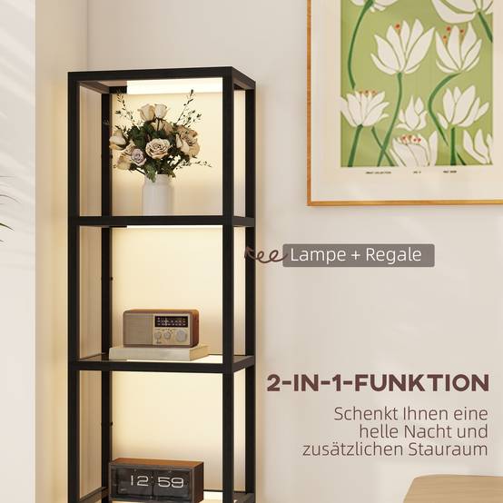 Lampadaire LED avec étagère à 4 niveaux, étagère éclairée avec 4 compartiments en verre, interrupteur au pied, MDF, noir - Image 5