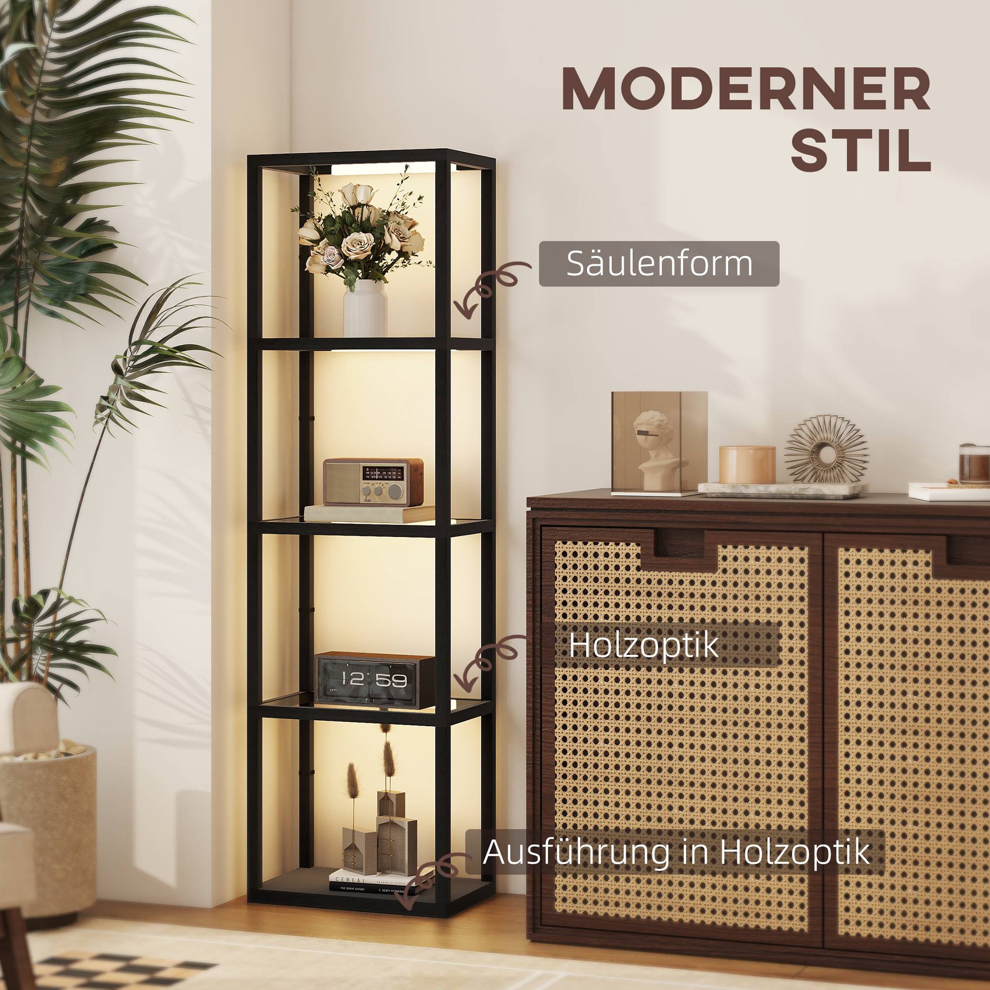 Lampadaire LED avec étagère à 4 niveaux, étagère éclairée avec 4 compartiments en verre, interrupteur au pied, MDF, noir - Image 9