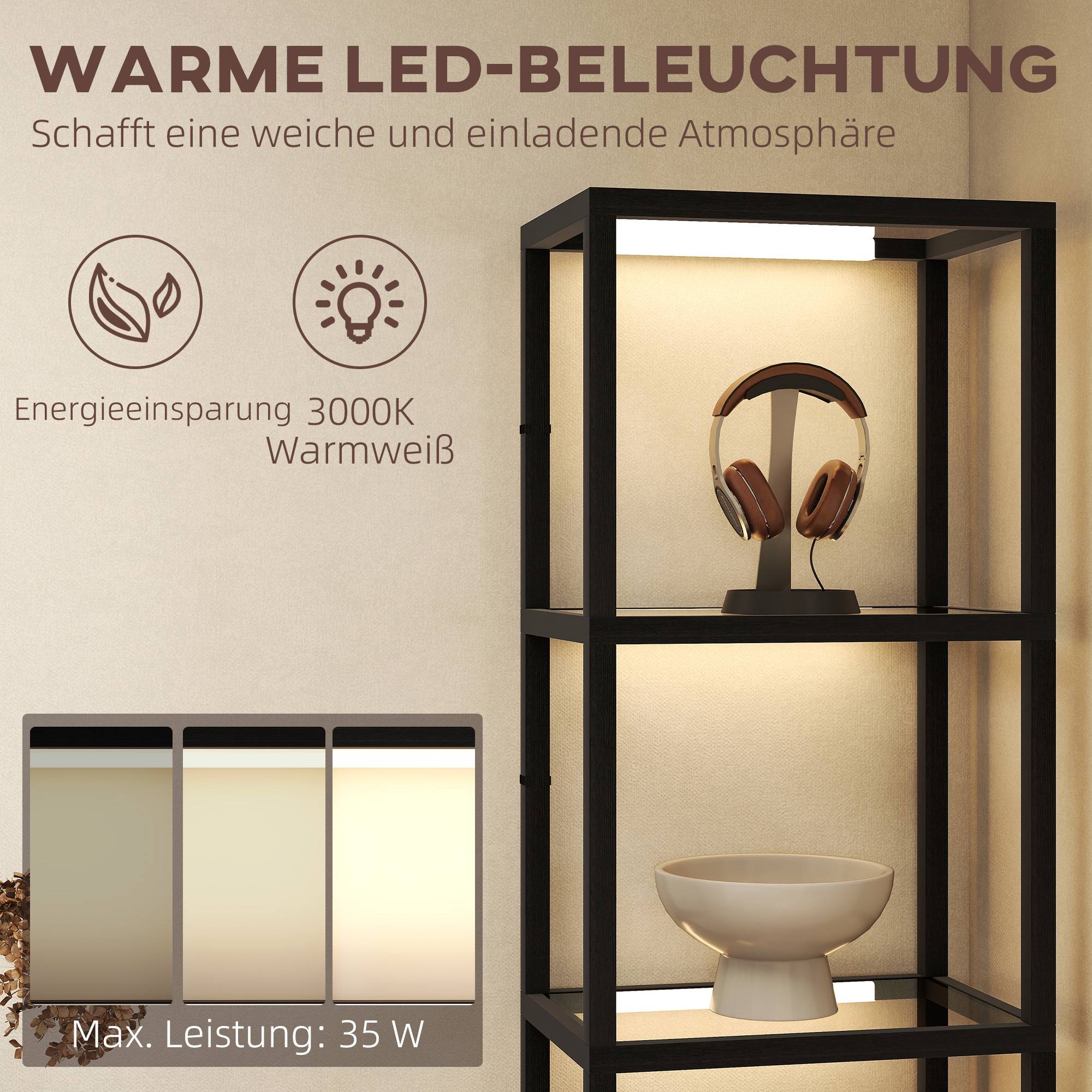 Lampadaire LED avec étagère à 4 niveaux, étagère éclairée avec 4 compartiments en verre, interrupteur au pied, MDF, noir - Image 7