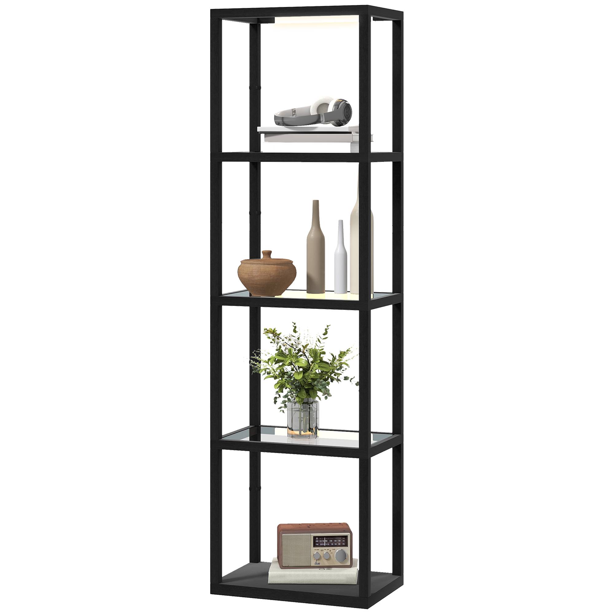 Lampadaire LED avec étagère à 4 niveaux, étagère éclairée avec 4 compartiments en verre, interrupteur au pied, MDF, noir - Image 2