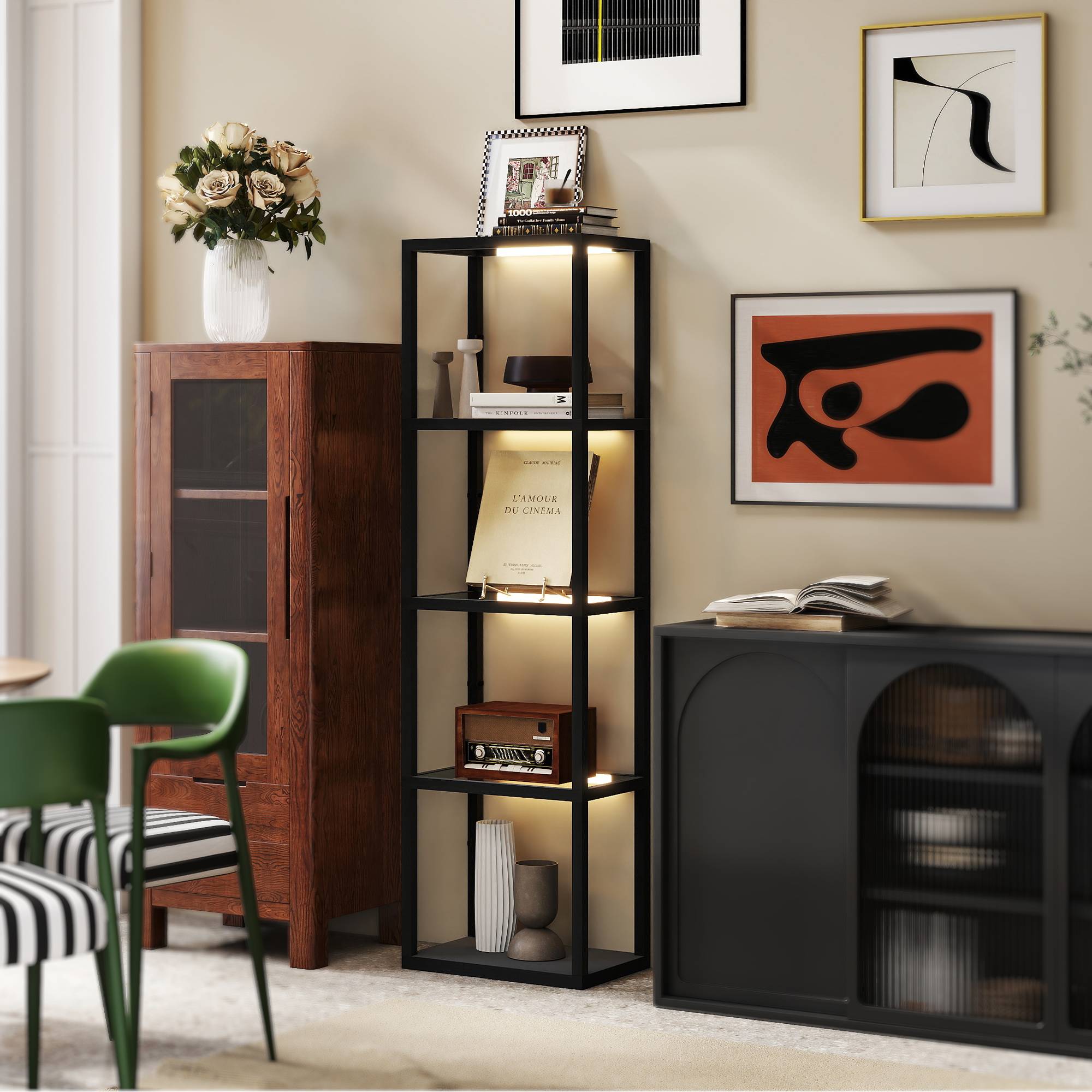 Lampadaire LED avec étagère à 4 niveaux, étagère éclairée avec 4 compartiments en verre, interrupteur au pied, MDF, noir - Image 3