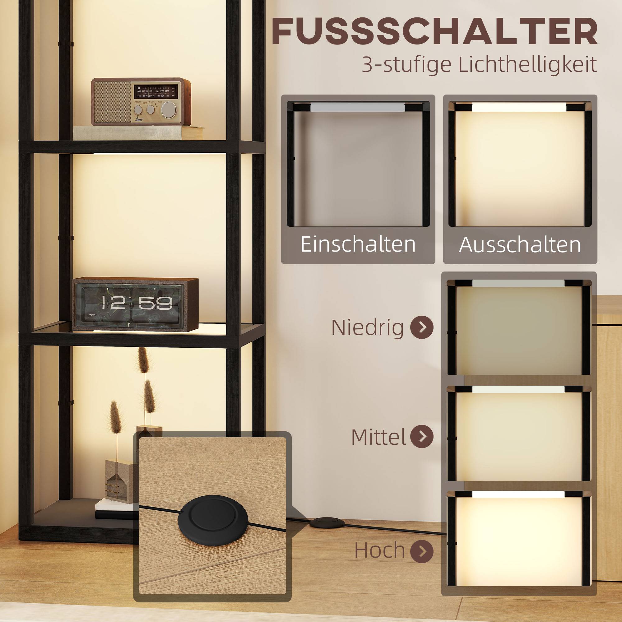 Lampadaire LED avec étagère à 4 niveaux, étagère éclairée avec 4 compartiments en verre, interrupteur au pied, MDF, noir - Image 6