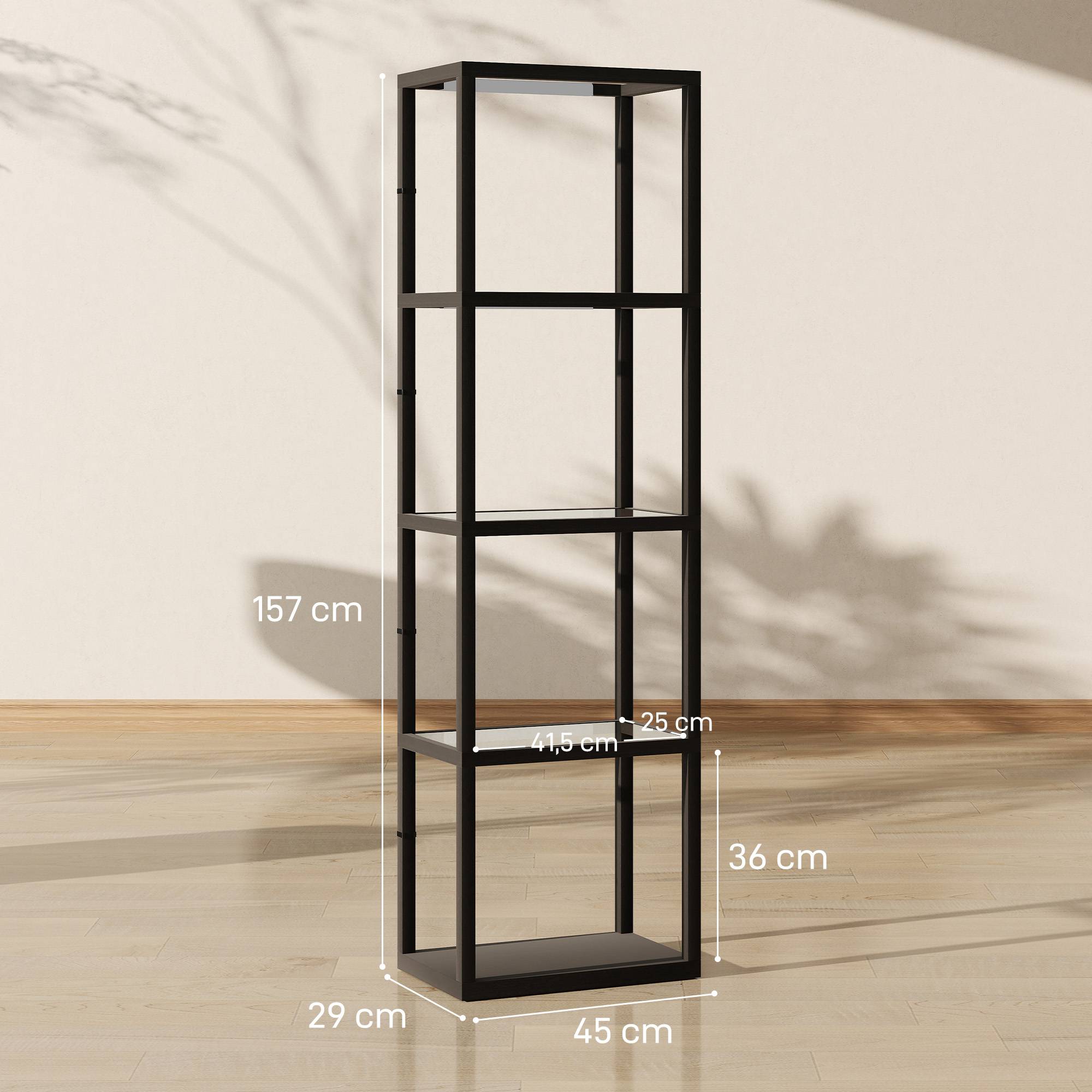 Lampadaire LED avec étagère à 4 niveaux, étagère éclairée avec 4 compartiments en verre, interrupteur au pied, MDF, noir - Image 4