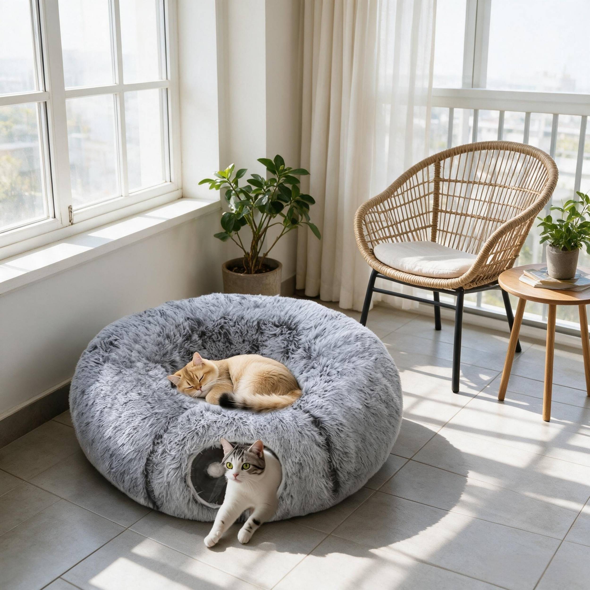 ComfortXL - Tunnel pour chat en peluche gris 90 x 80 x 27 cm lit donut modulable avec coussin lavable - ComfortXL Outdoor Living