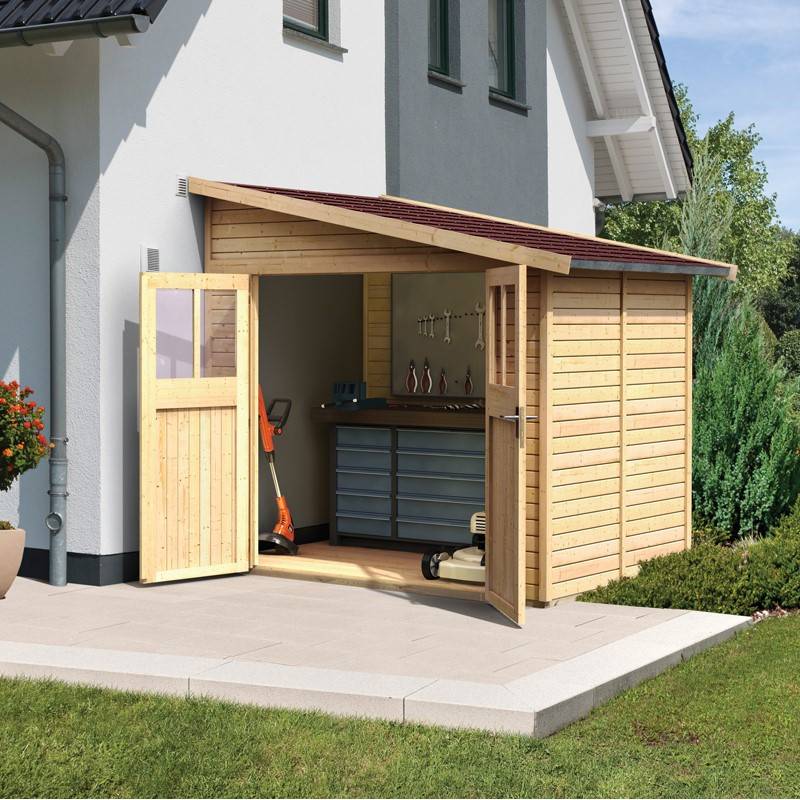 Abri de jardin adossé 4,18m² bois massif 19mm marron avec embase Karibu Bomlitz 2 - Image 1