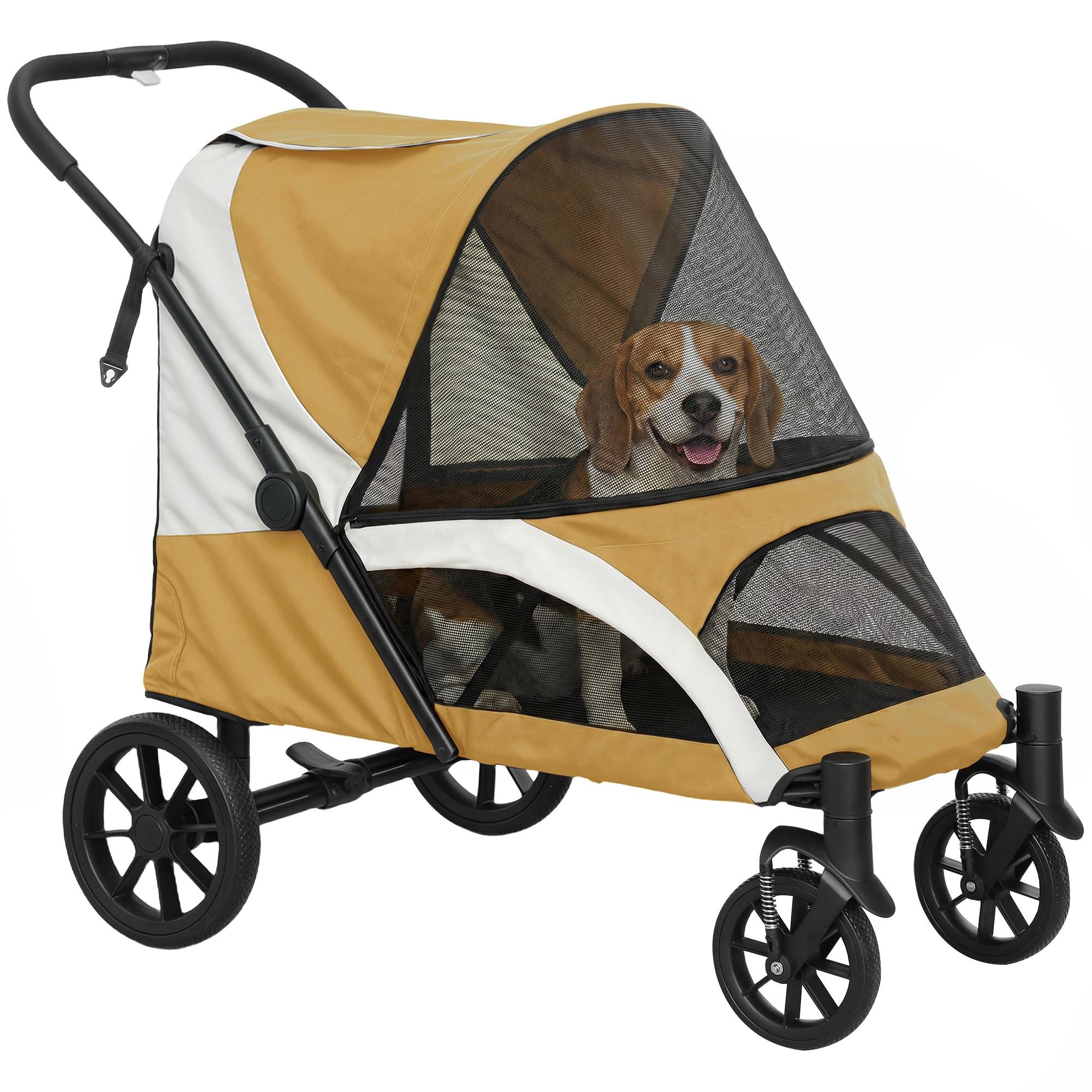 Poussette chien, pliable chien moyen, 4 roues, laisses sécurité, freins, marron - Image 1