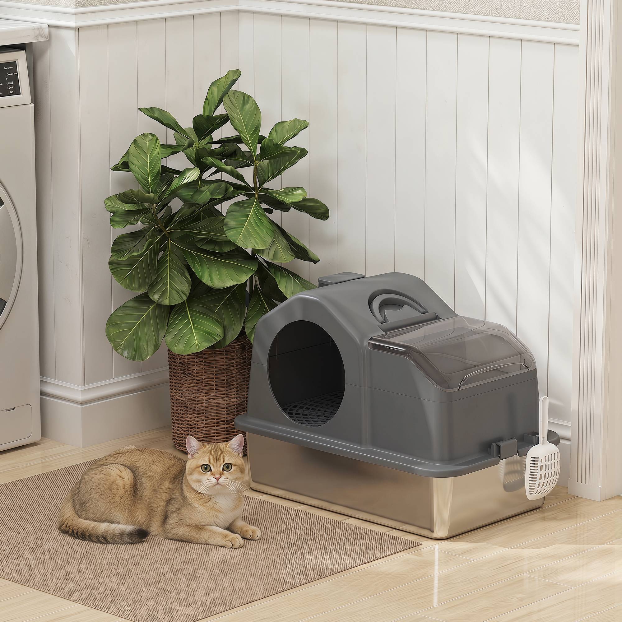Sans Marque - Maison de Toilette pour Chat avec Couvercle Amovible et Fermé, Côtés Hauts, 60,5x40,5x45cm, Gris Foncé - Image 4