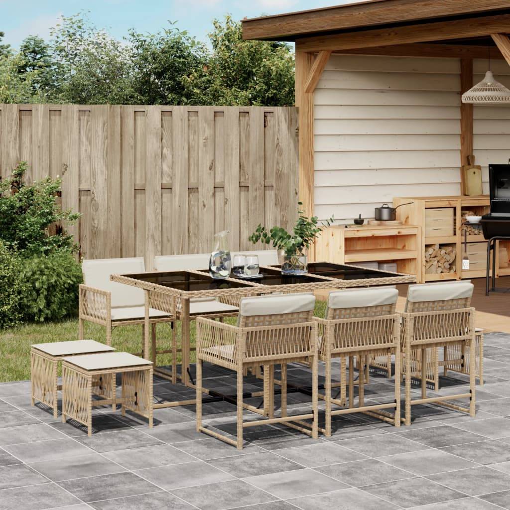 Salon de Jardin Encastrable 11 Pièces Résine Tressée Table Verre 6 Chaises 4 Poufs Gain de Place Beige – ComfortXL Outdoor Living