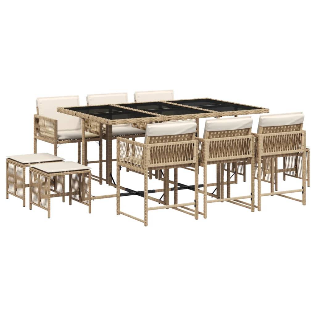 ComfortXL - Salon de Jardin Encastrable 11 Pièces Résine Tressée Table Verre 6 Chaises 4 Poufs Gain de Place Beige – ComfortXL Outdoor Living - Image 2