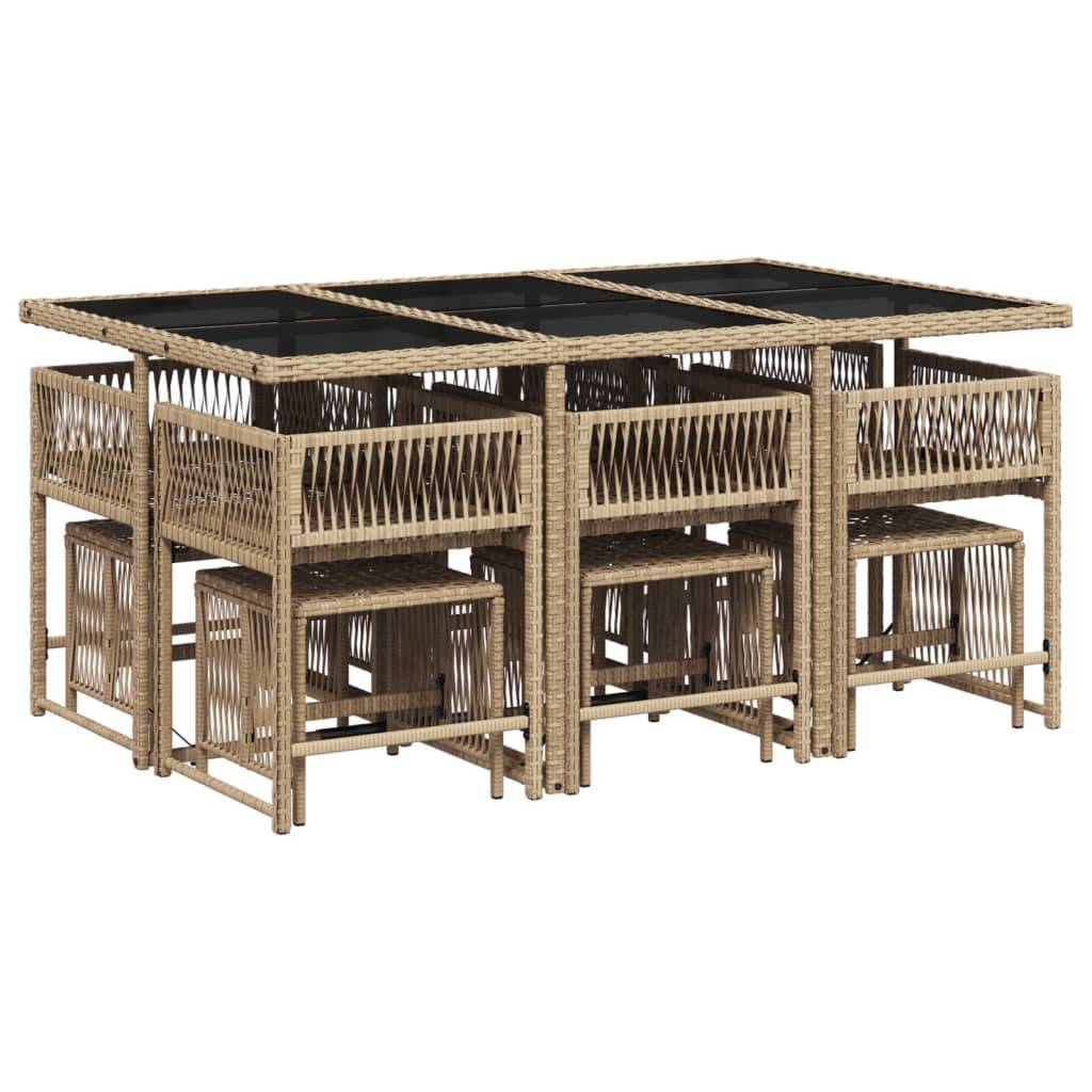 ComfortXL - Salon de Jardin Encastrable 11 Pièces Résine Tressée Table Verre 6 Chaises 4 Poufs Gain de Place Beige – ComfortXL Outdoor Living - Image 3