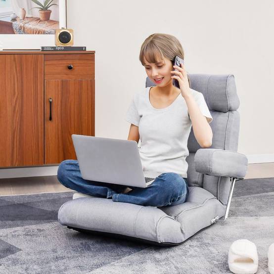 COSTWAY Fauteuil de Sol Pliable, Fauteuil Ergonomique avec Dossier Réglable, Appui-tête Réglable à 6 Positions/Support Lombaire Gris - Image 1