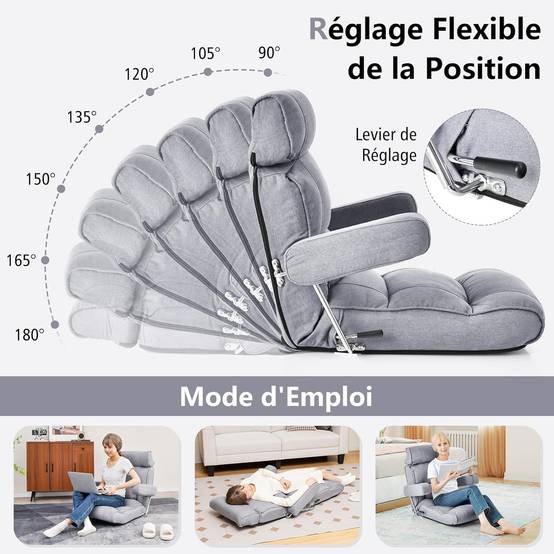 COSTWAY Fauteuil de Sol Pliable, Fauteuil Ergonomique avec Dossier Réglable, Appui-tête Réglable à 6 Positions/Support Lombaire Gris - Image 5