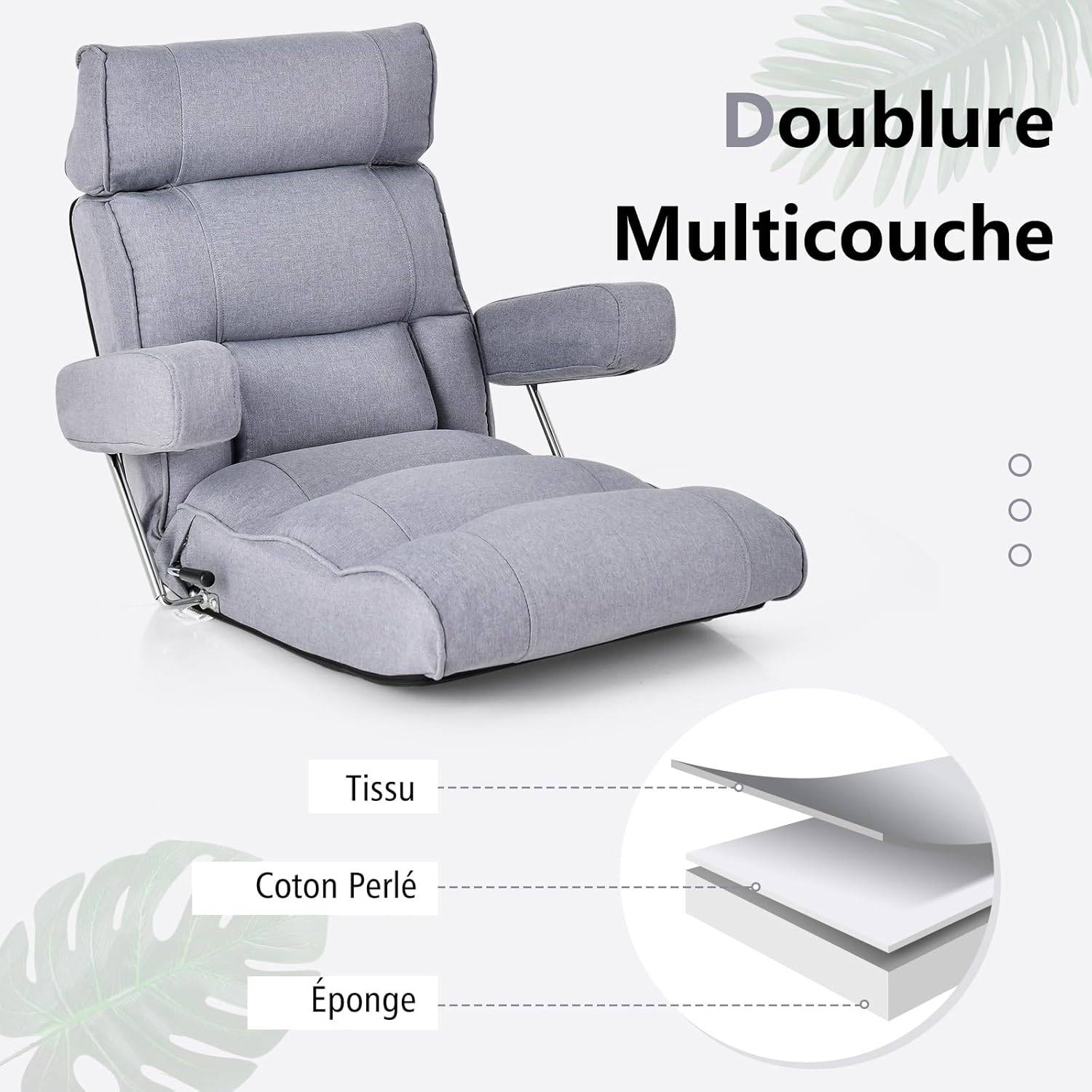 COSTWAY Fauteuil de Sol Pliable, Fauteuil Ergonomique avec Dossier Réglable, Appui-tête Réglable à 6 Positions/Support Lombaire Gris - Image 7