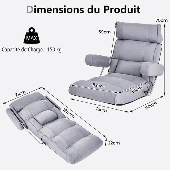 COSTWAY Fauteuil de Sol Pliable, Fauteuil Ergonomique avec Dossier Réglable, Appui-tête Réglable à 6 Positions/Support Lombaire Gris - Image 2