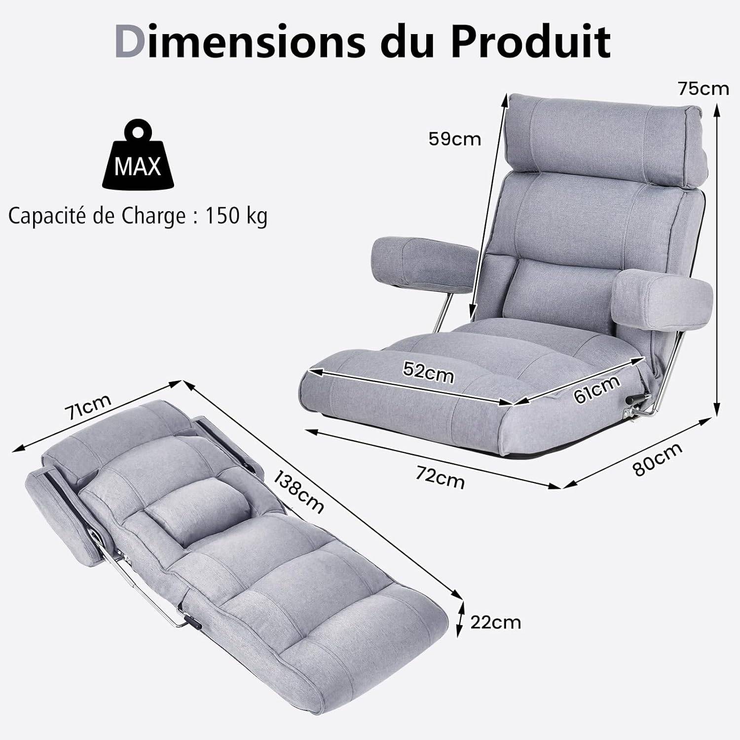 COSTWAY Fauteuil de Sol Pliable, Fauteuil Ergonomique avec Dossier Réglable, Appui-tête Réglable à 6 Positions/Support Lombaire Gris - Image 2