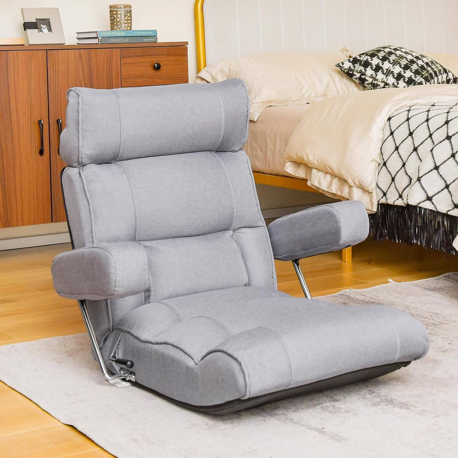 COSTWAY Fauteuil de Sol Pliable, Fauteuil Ergonomique avec Dossier Réglable, Appui-tête Réglable à 6 Positions/Support Lombaire Gris - Image 3