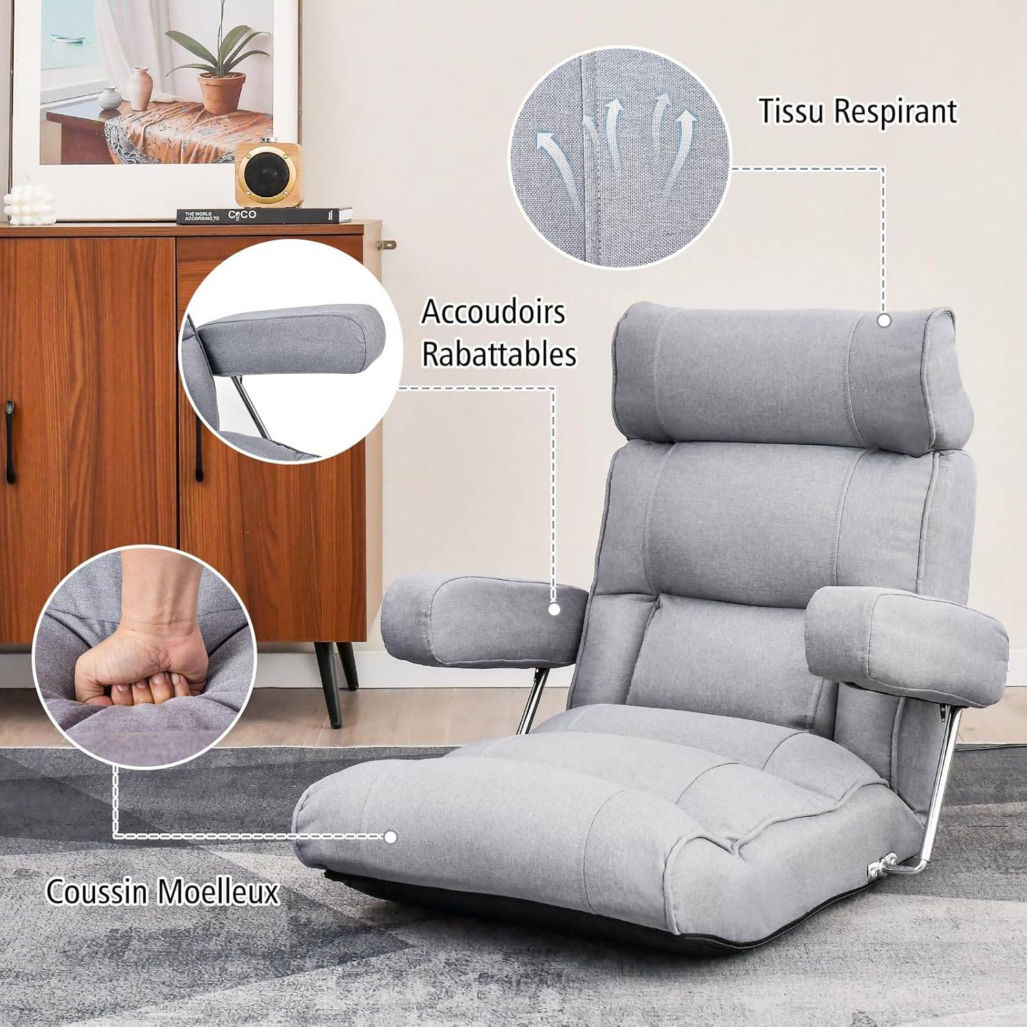 COSTWAY Fauteuil de Sol Pliable, Fauteuil Ergonomique avec Dossier Réglable, Appui-tête Réglable à 6 Positions/Support Lombaire Gris - Image 6