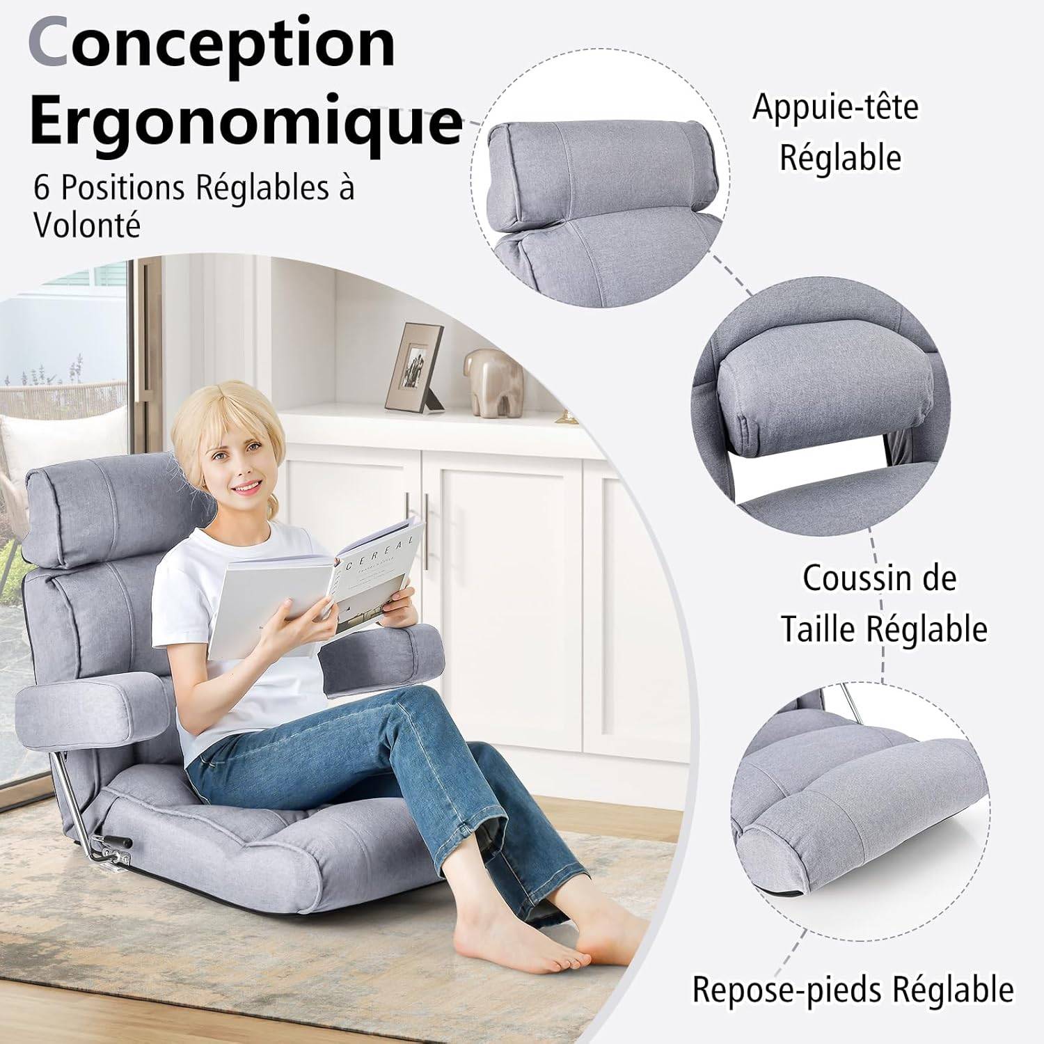 COSTWAY Fauteuil de Sol Pliable, Fauteuil Ergonomique avec Dossier Réglable, Appui-tête Réglable à 6 Positions/Support Lombaire Gris - Image 4