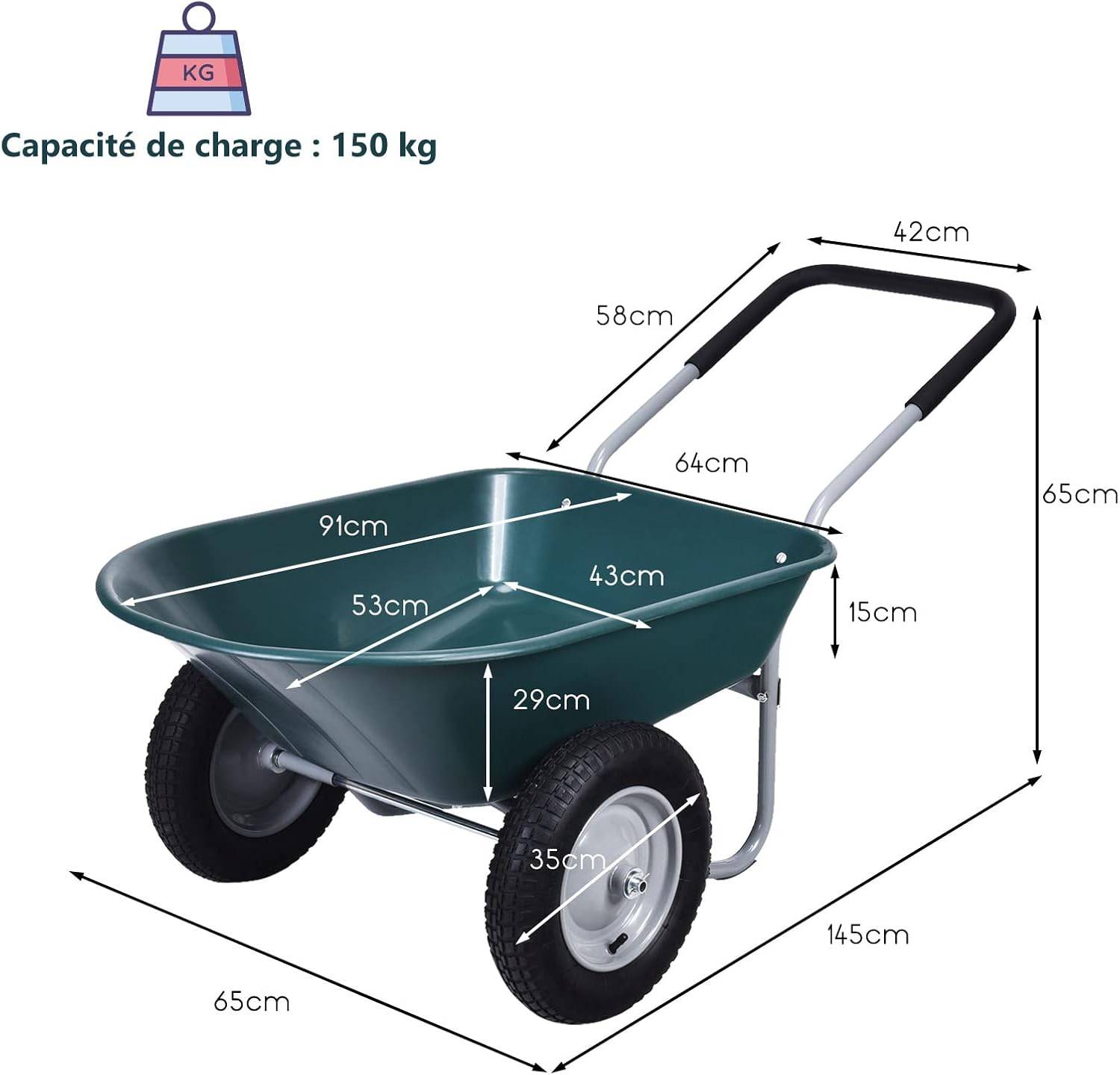 Costway - Brouette de Jardin 2 Roues Pneus Pneumatiques Ø35cm 75L Charge Max 100KG Résistante en Fer pour Jardinage/Maçonnerie Vert - Image 5