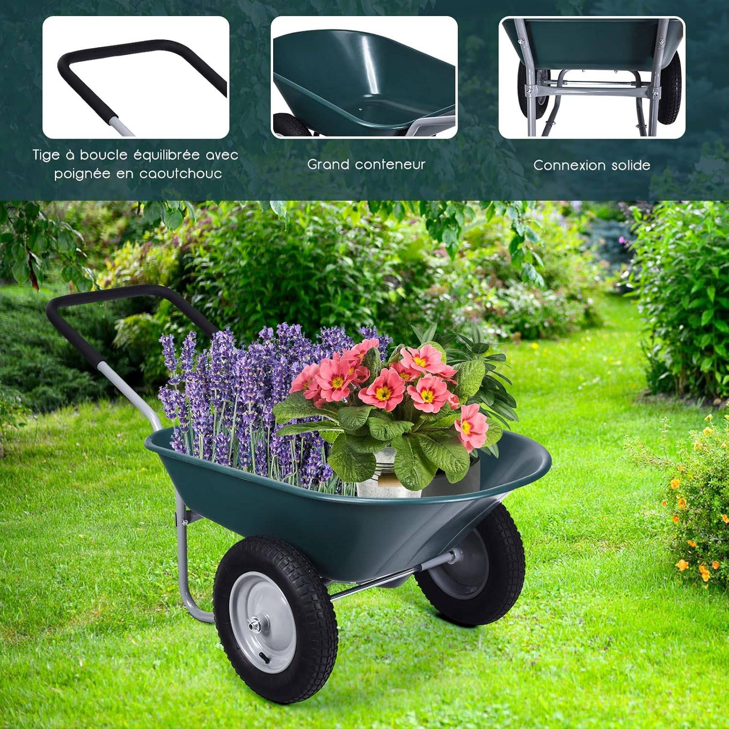 Costway - Brouette de Jardin 2 Roues Pneus Pneumatiques Ø35cm 75L Charge Max 100KG Résistante en Fer pour Jardinage/Maçonnerie Vert - Image 2