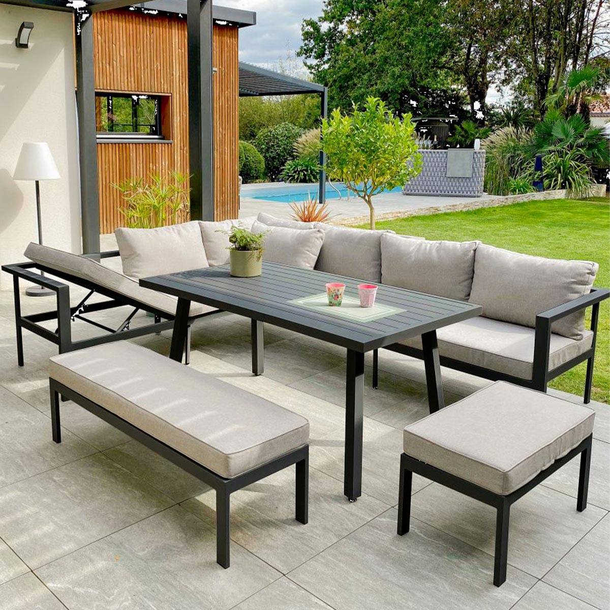 Dcb Garden - Ensemble repas de jardin 9 places en aluminium  - Gris anthracite - ANTALYA - Image 5