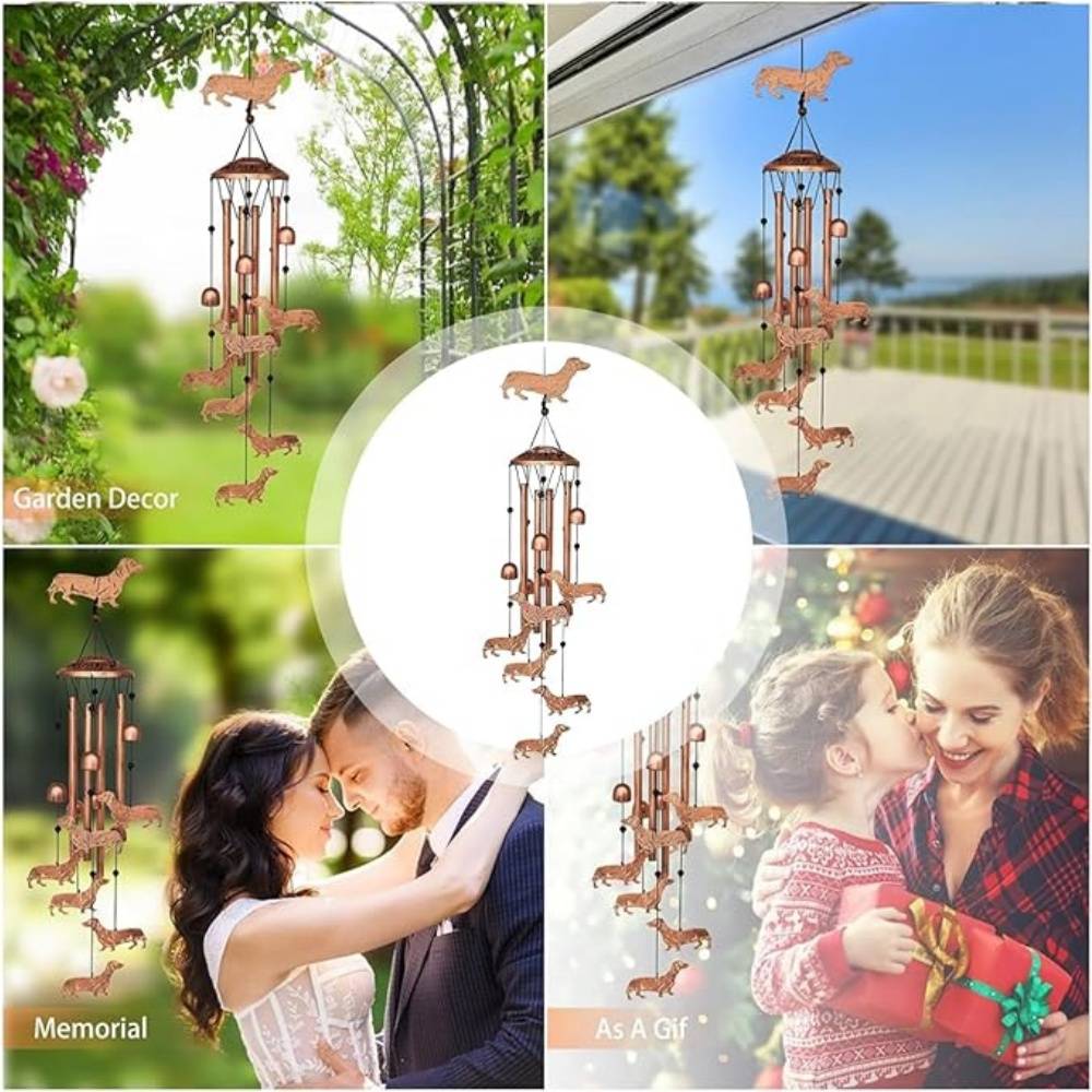 Muzrunq Carillon Éolien Teckel 36 Pouces - 7 Chiens Teckel, 6 Cloches + 4 Tubes Aluminium, Décoration Jardin Extérieur Pour Amoureux Des Chiens