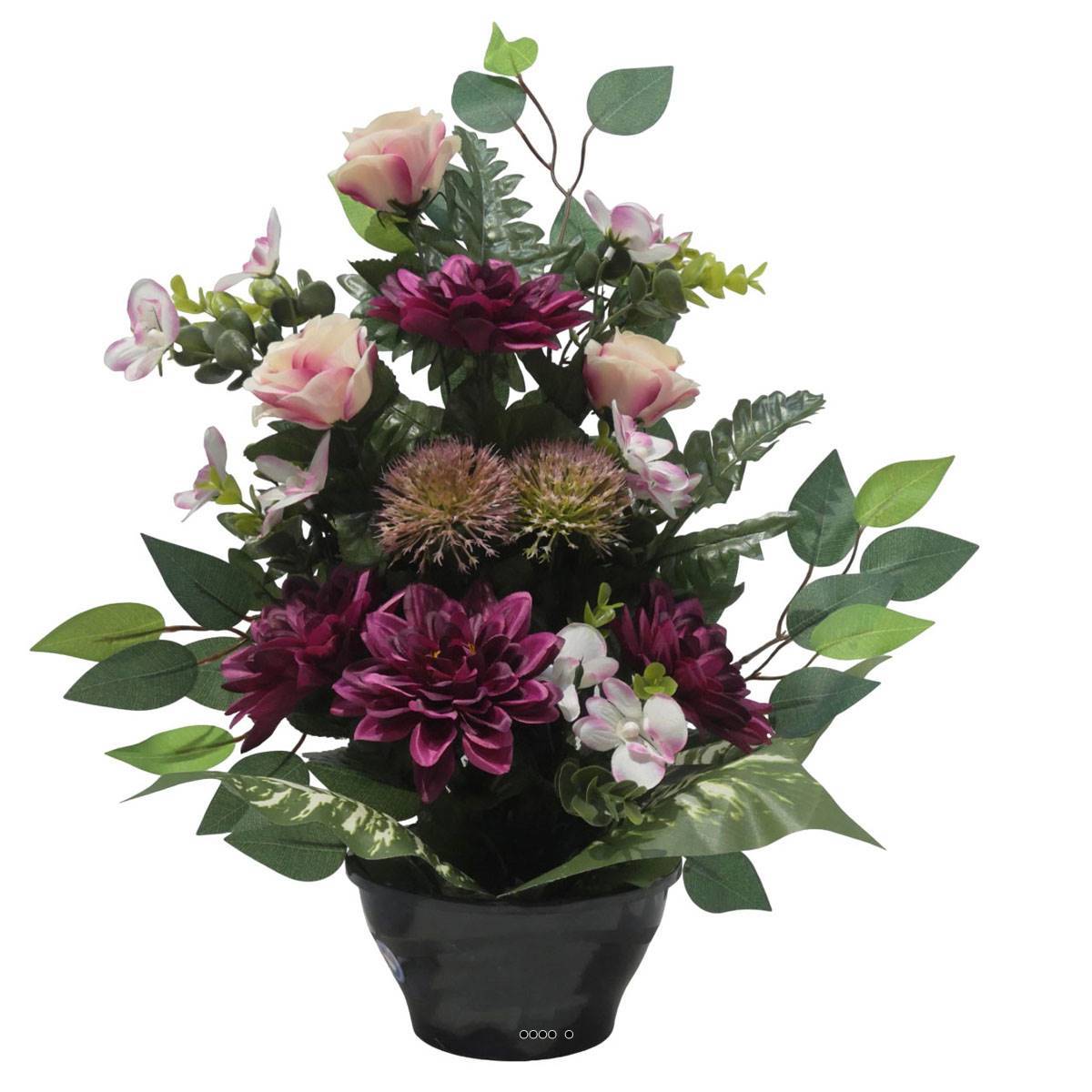 Artificielles - Vasque de Dahlia, Rose, Mini fleurs, Chardon et Ficus Pourpre artificiels - Toussaint - couleur: Pourpre - Imagen 2