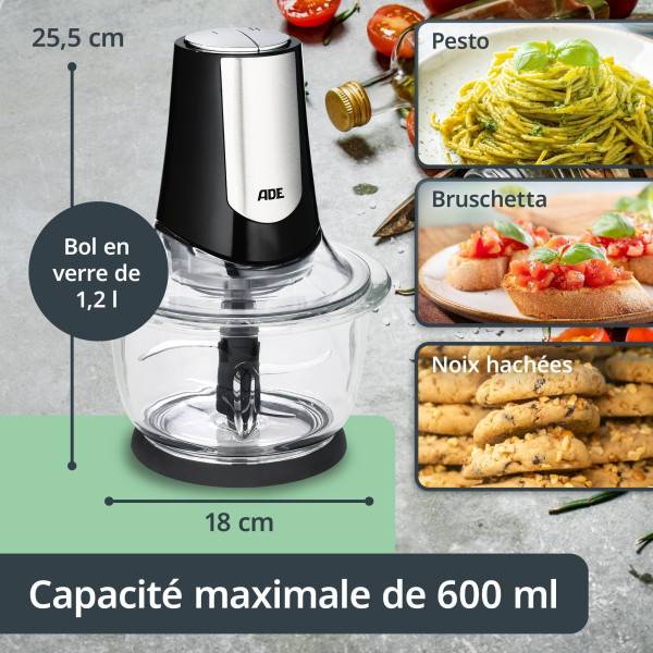 Autre - Hachoir Electrique Multi électrique - ADE - KITCHEN GADGETS - 2 vitesses - 1,2 L - Noir / Inox - Image 3