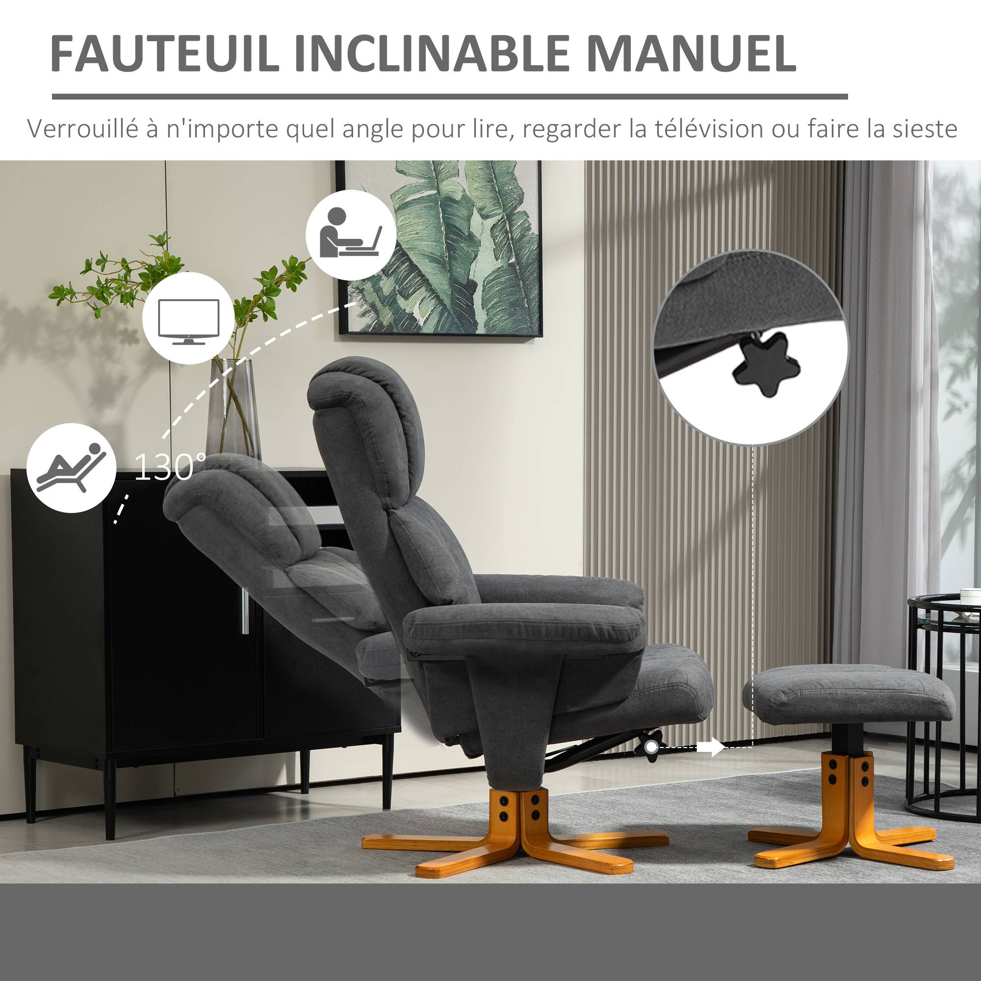 Sans Marque - Fauteuil relax avec repose-pied, fauteuil de relaxation, dossier inclinable, assise rembourrée, 79x80x104cm, gris foncé - Image 6