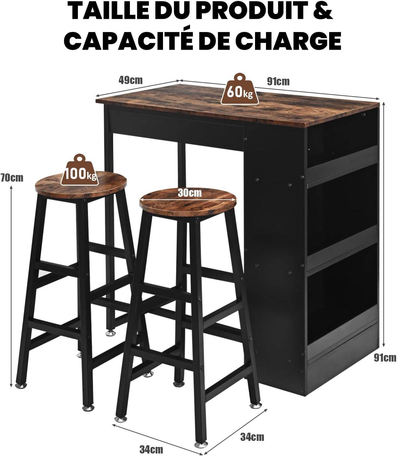 Table Haute Cuisine avec Tabouret, Mange-Debout avec 3 Étagères, Bar, Studio - Imagen 4