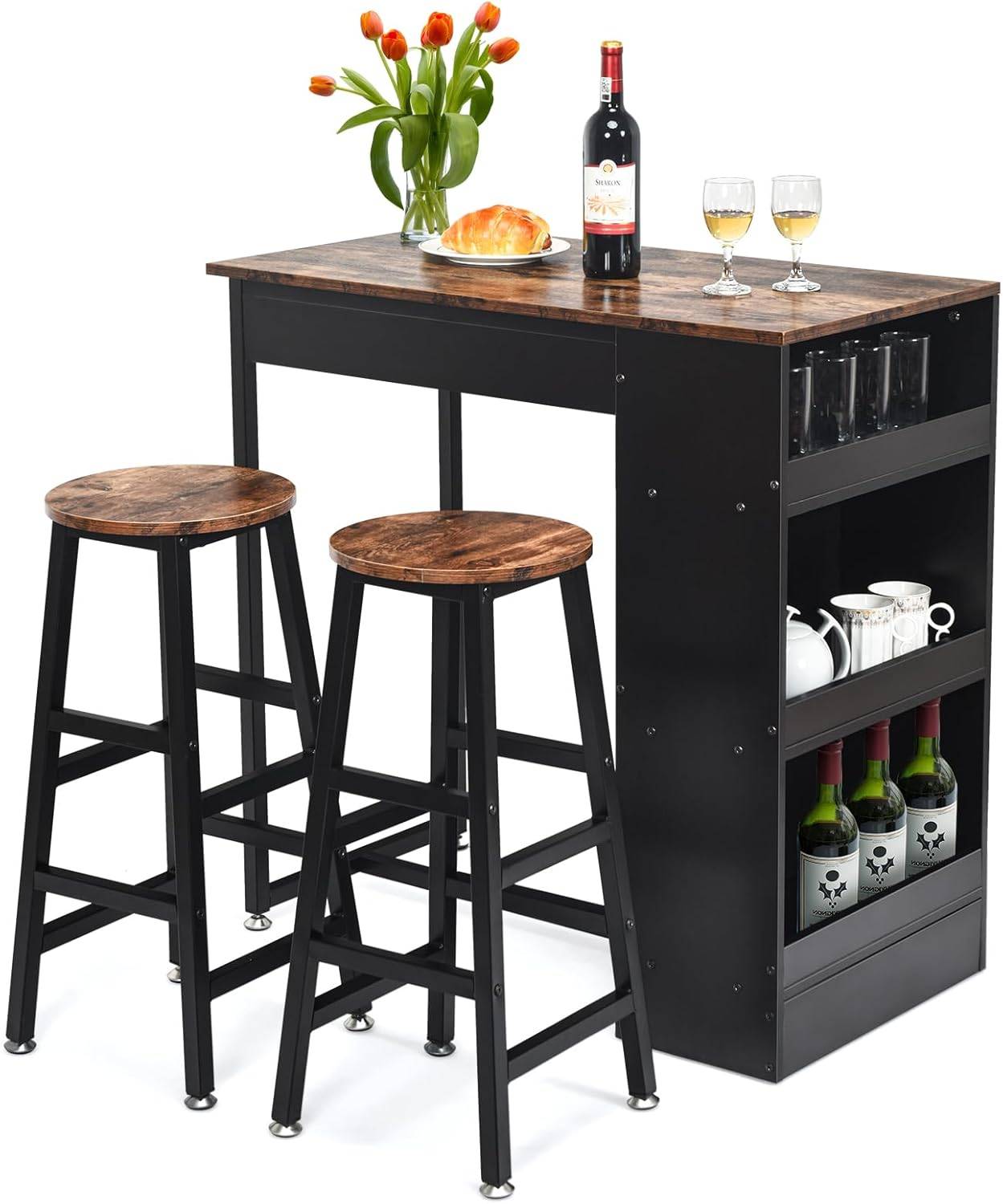 Table Haute Cuisine avec Tabouret, Mange-Debout avec 3 Étagères, Bar, Studio - Imagen 1