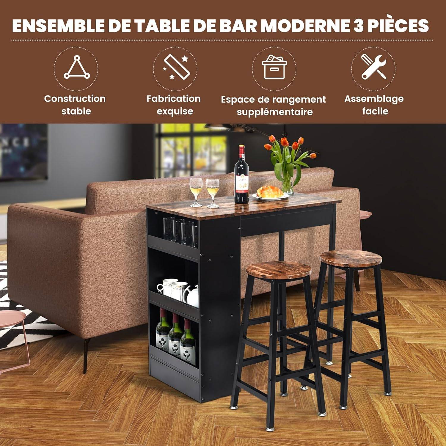 Table Haute Cuisine avec Tabouret, Mange-Debout avec 3 Étagères, Bar, Studio - Imagen 2