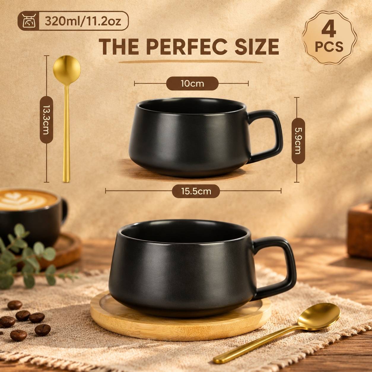 Set de 4 Tasses à Café en Céramique Mat avec Sous-tasses et Cuillères en Bois - Image 2