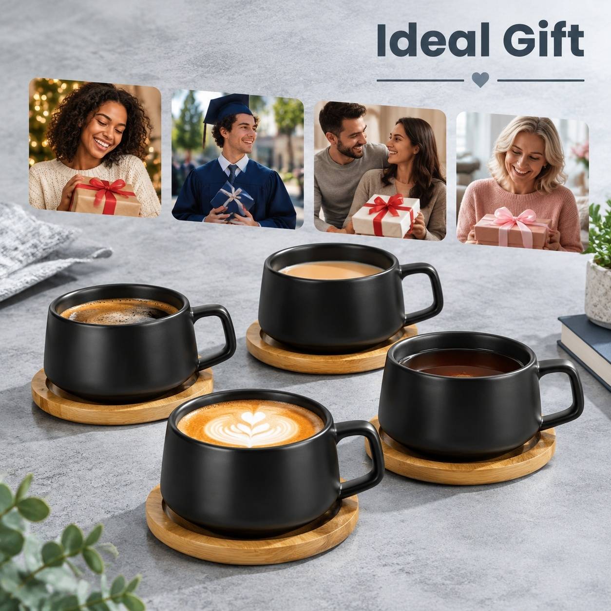 Set de 4 Tasses à Café en Céramique Mat avec Sous-tasses et Cuillères en Bois - Image 7