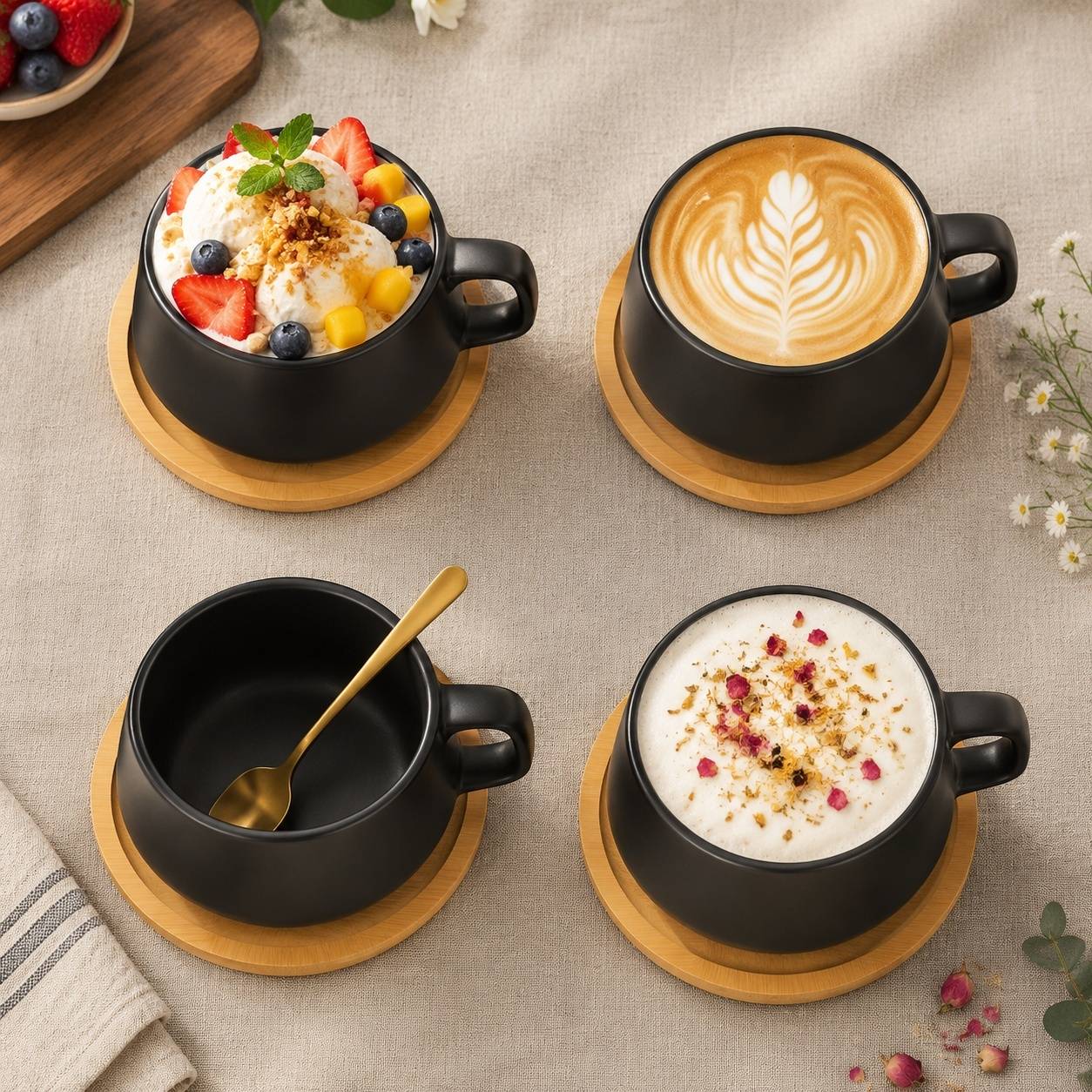 Set de 4 Tasses à Café en Céramique Mat avec Sous-tasses et Cuillères en Bois - Image 6