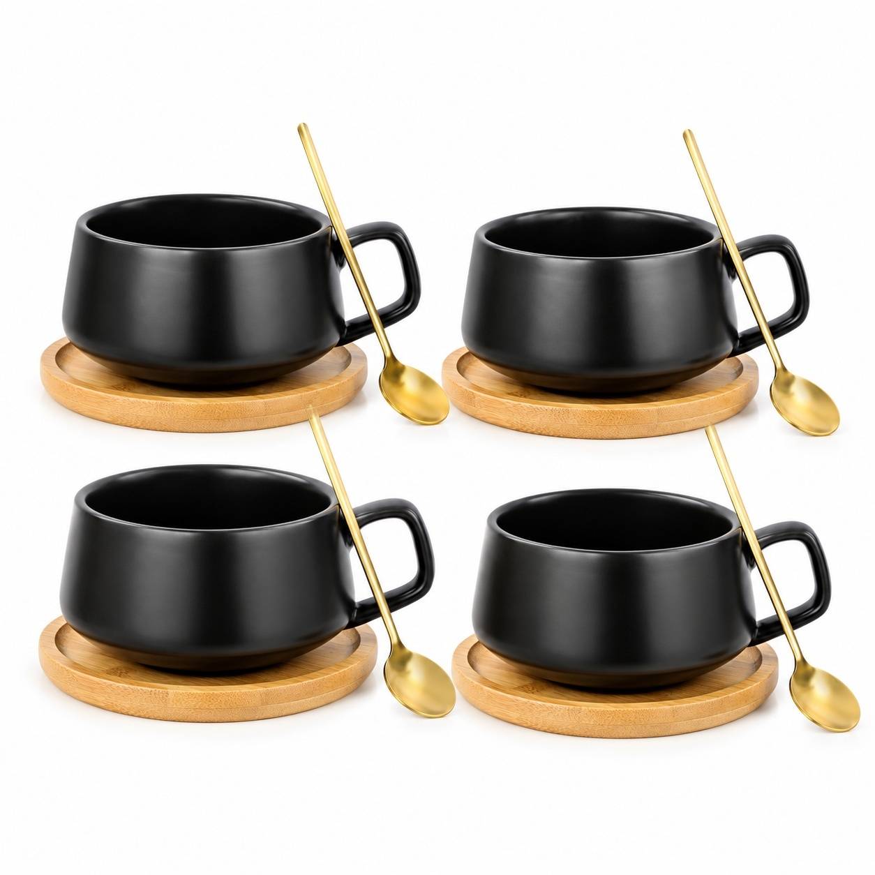 Set de 4 Tasses à Café en Céramique Mat avec Sous-tasses et Cuillères en Bois - Image 1