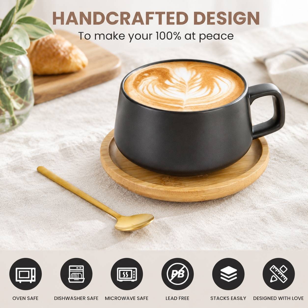 Set de 4 Tasses à Café en Céramique Mat avec Sous-tasses et Cuillères en Bois - Image 4