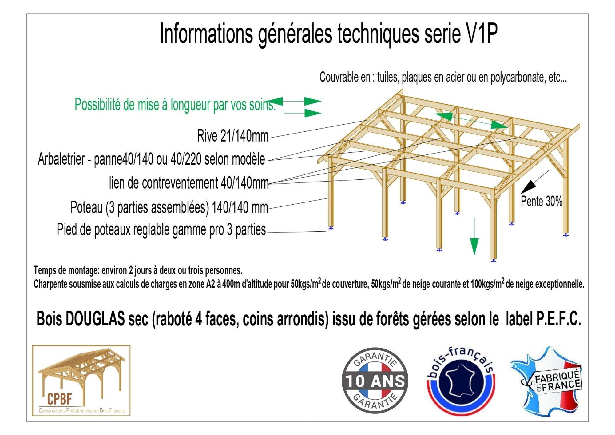 Cpbf Charpentes - Carport une pente -63 m². Garantie 10 ans-500cmx1250cm, bois DOUGLAS Français (Charpente en bois-auvent-abri voiture) - Image 3
