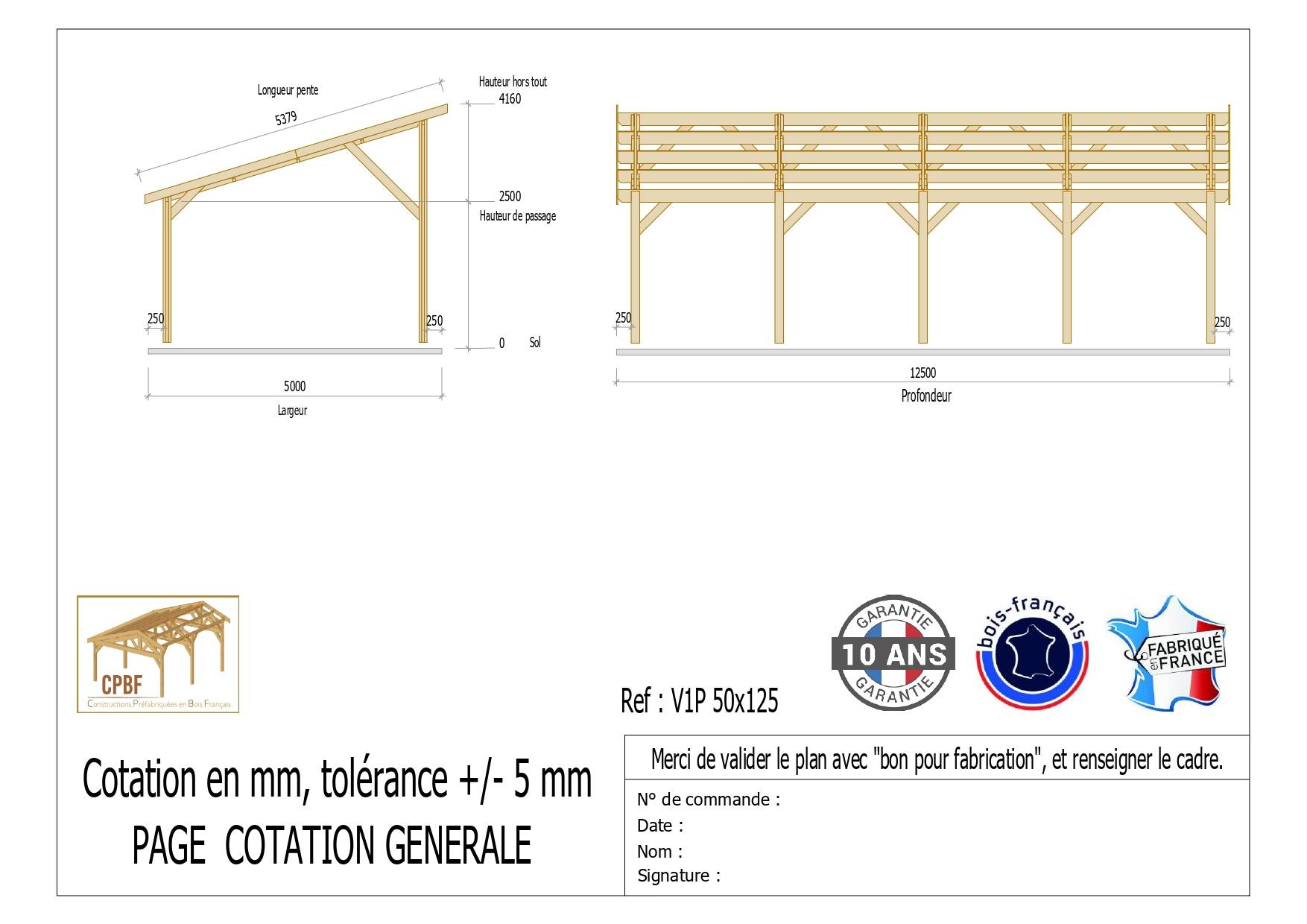 Cpbf Charpentes - Carport une pente -63 m². Garantie 10 ans-500cmx1250cm, bois DOUGLAS Français (Charpente en bois-auvent-abri voiture) - Image 2
