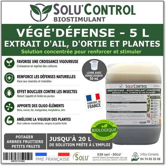 Tout pour les nuisibles - Biostimulant Concentré à l'Extrait d'Ail, d'Ortie et de Plantes Solu'Control Vége'Défense – 5 litres – Renforce les Défenses Naturelles des Plantes - Image 1